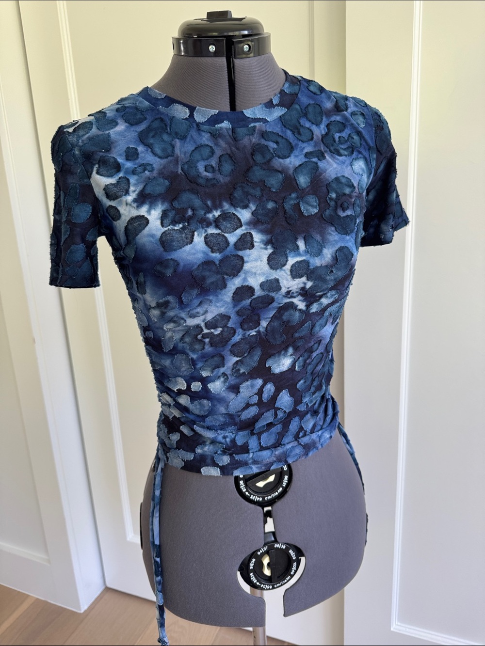 Desigual Blue Abstract Tie-Side Ruched Short Sleeve Top